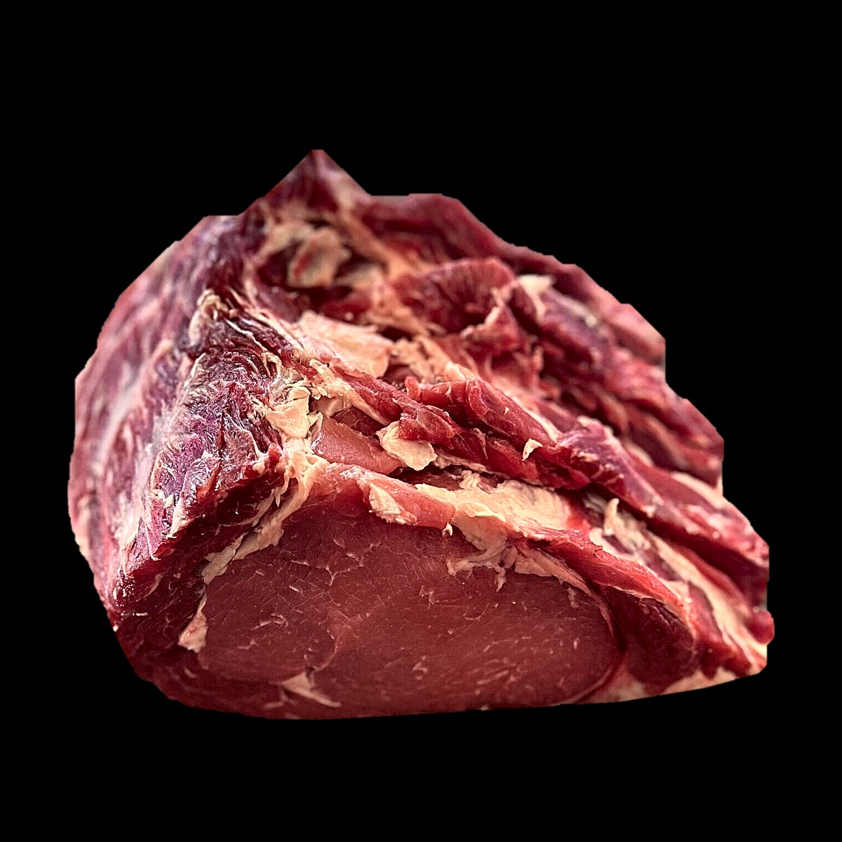 Bistecca disossata su fondo nero: polpa di bovino senza osso, con le venature di grasso